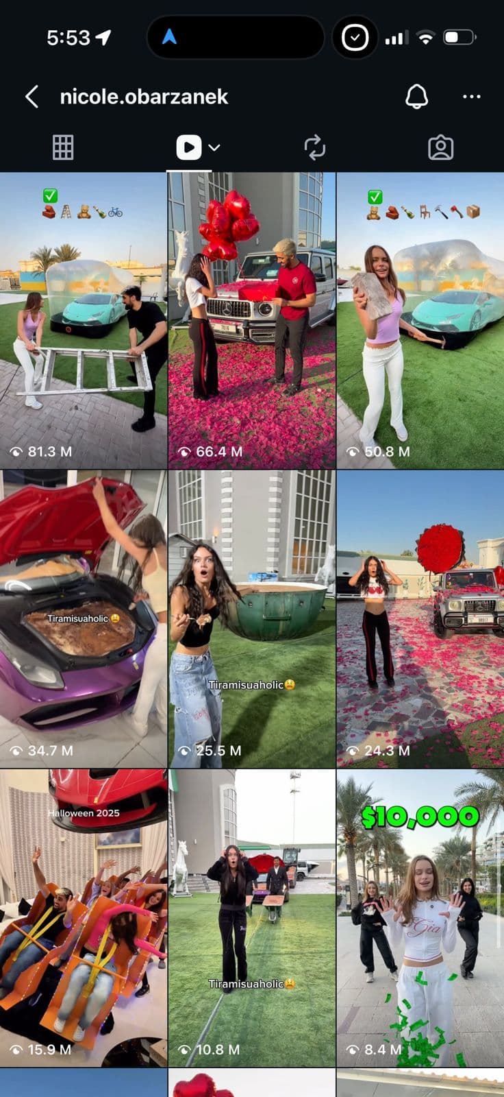 @nicole.obarzanek Instagram reels grid showing view counts of 81.3M, 66.4M, 50.8M